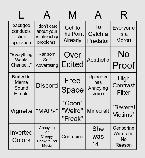 YouTube Groomer Exposé Bingo Card