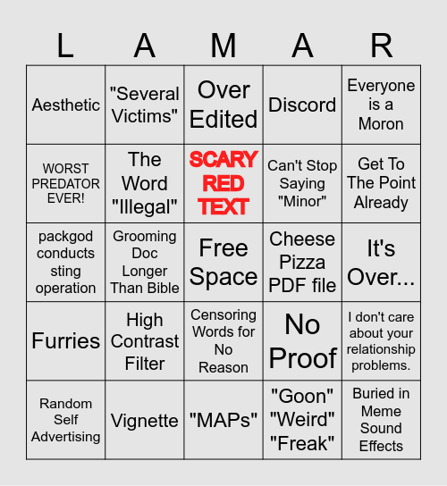 YouTube Groomer Exposé Bingo V3 Bingo Card