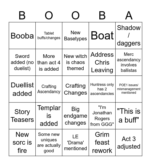 POE 0.2 Stream Bingo Card
