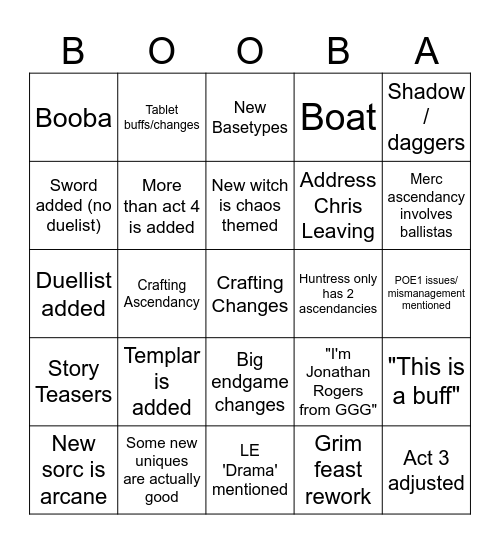 POE 0.2 Stream Bingo Card