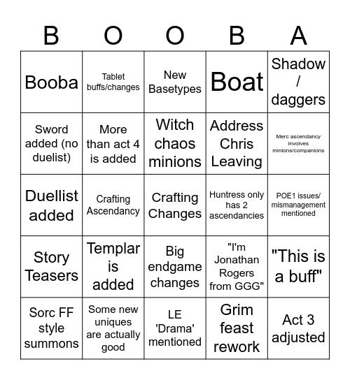POE 0.2 Stream Bingo Card