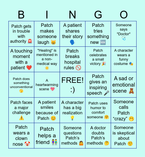 🩺 Patch Adams Movie Bingo! 🧸 Bingo Card