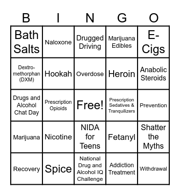 National Drug & Alcohol Facts Week Bingo Card