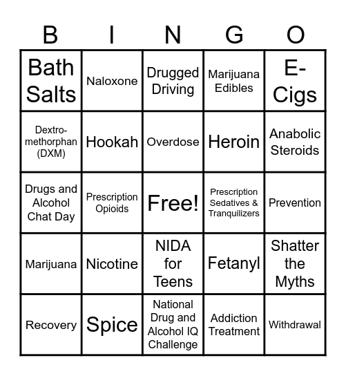 National Drug & Alcohol Facts Week Bingo Card