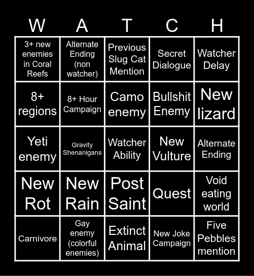 Rainworld Watcher Bingo Sheet Bingo Card