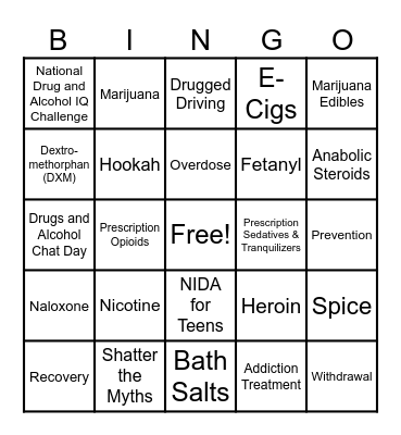 National Drug & Alcohol Facts Week Bingo Card