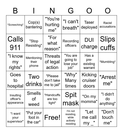 Criminal Bodycam Bingo Card