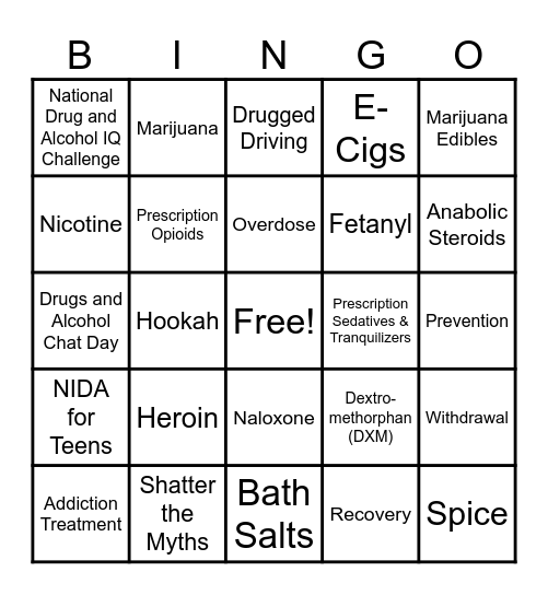 National Drug & Alcohol Facts Week Bingo Card