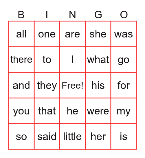Sight Vocabulary 1 to 4 Bingo Card