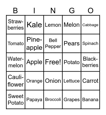 Nutrition Bingo Card