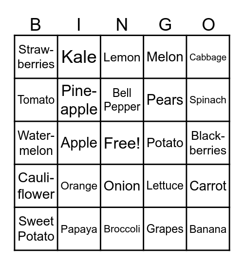 Nutrition Bingo Card