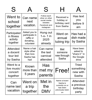 Happy Birthday Sasha Bingo Card