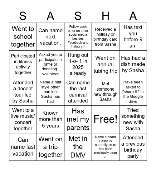 Happy Birthday Sasha Bingo Card