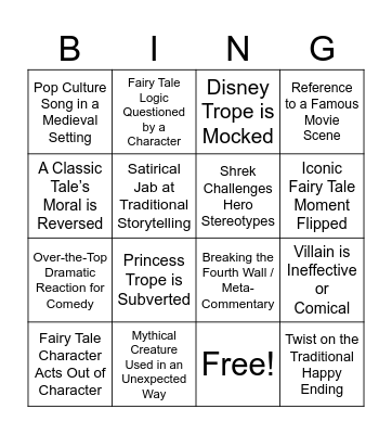 Shrek: Appropriation, Intertextuality and Subversion Viewing Bingo Card