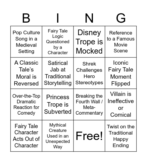 Shrek: Appropriation, Intertextuality and Subversion Viewing Bingo Card