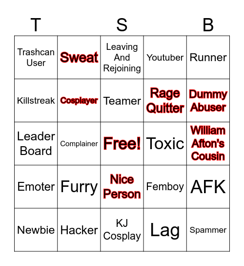 tsb (scrapped fn) Bingo Card