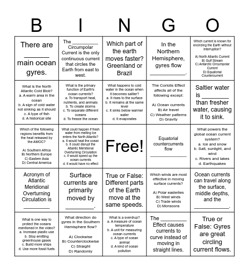 Ocean Motion Bingo Card