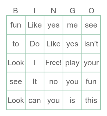 Sight Words Bingo Card