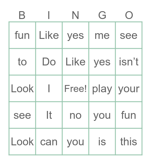 Sight Words Bingo Card