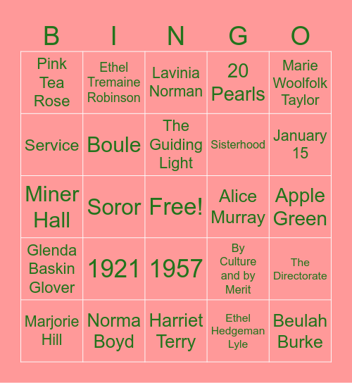 Alpha Kappa Alpha History Bingo Card