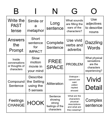 Narrative Writing Bingo Card