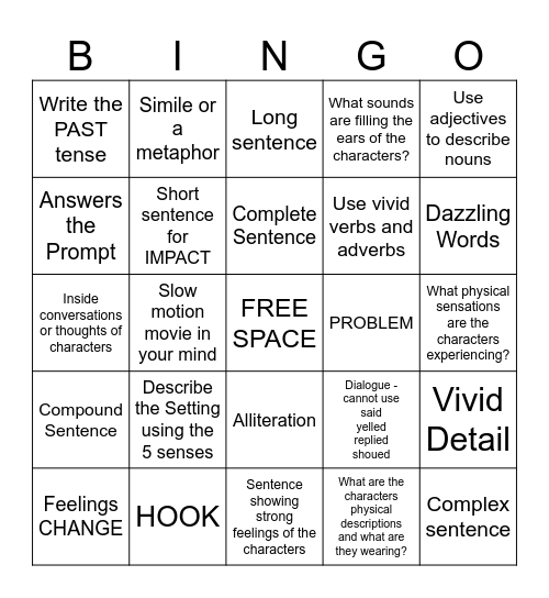 Narrative Writing Bingo Card