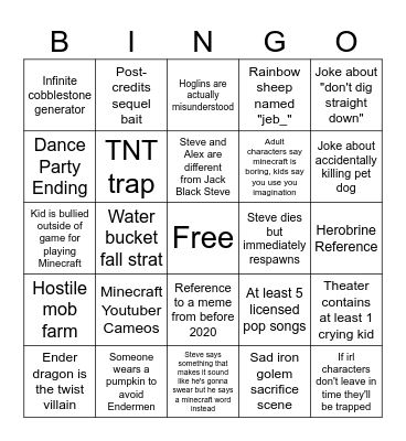 Minecraft Movie Bingo Card