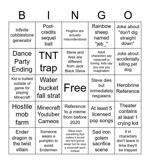 Minecraft Movie Bingo Card