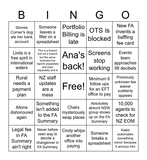 AR Team Bingo Card