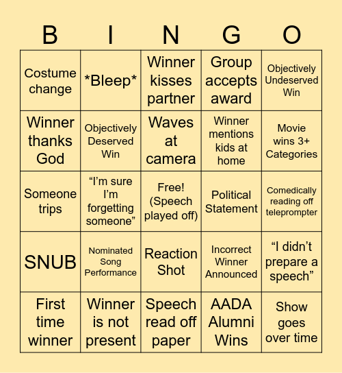 Oscars Bingo! Bingo Card