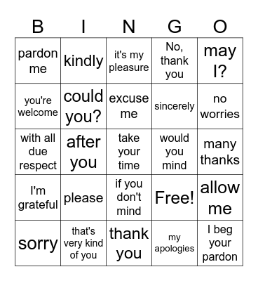 Politeness Bingo Card