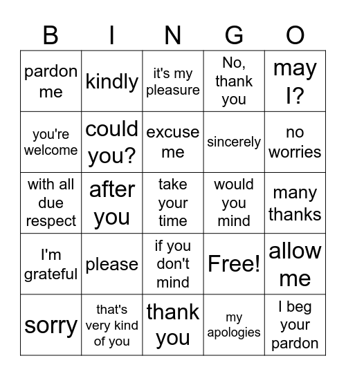 Politeness Bingo Card