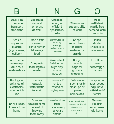 GreenSteps Sustainability Challenge Bingo Card