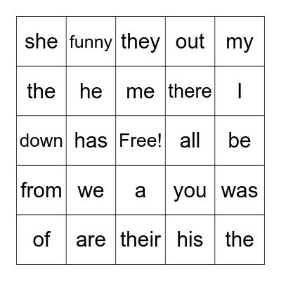 Tricky Word Bingo Card