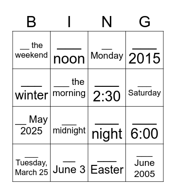 Time Preposition Bingo Card