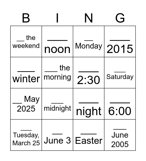 Time Preposition Bingo Card
