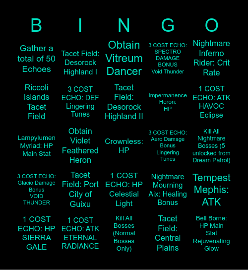 Wuthering Waves 3v3 Bingo Card