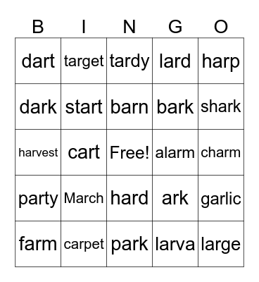 Words with /ar/ Bingo Card