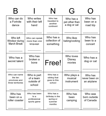 Find the Classmate - Walking Bingo Card