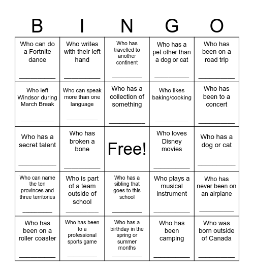 Find the Classmate - Walking Bingo Card