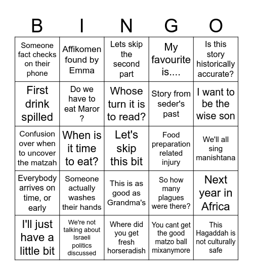 Passover Bingo Card