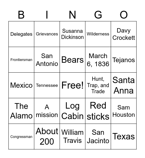 Davy Crockett and The Alamo Bingo Card