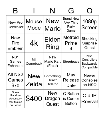 Nintendo Switch 2 Direct Bingo Card