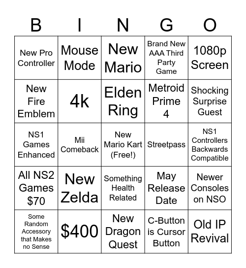 Nintendo Switch 2 Direct Bingo Card