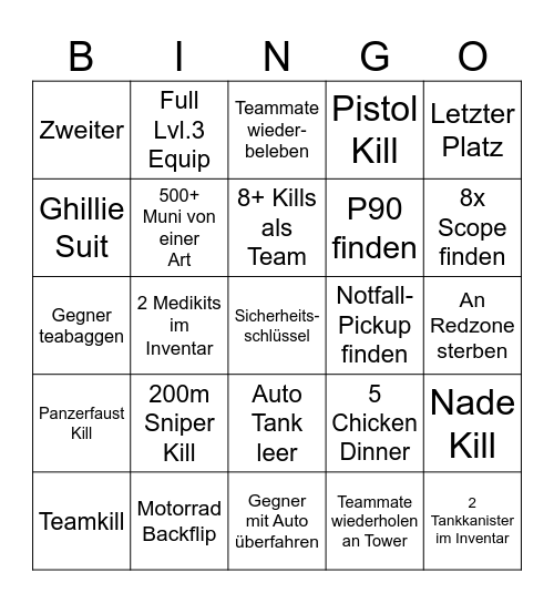 PUBG 12h Bingo Card