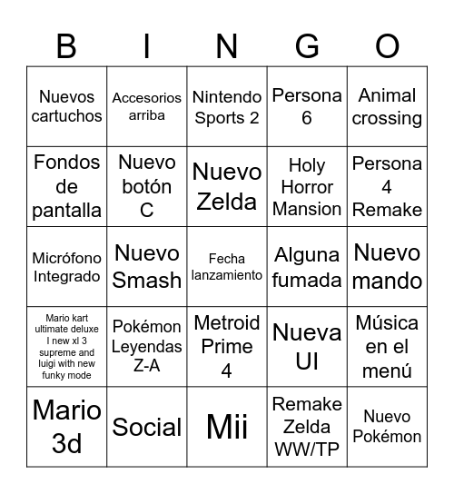 Switch 2 Bingo Card