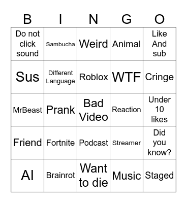 Yt Shorts Bingo Card