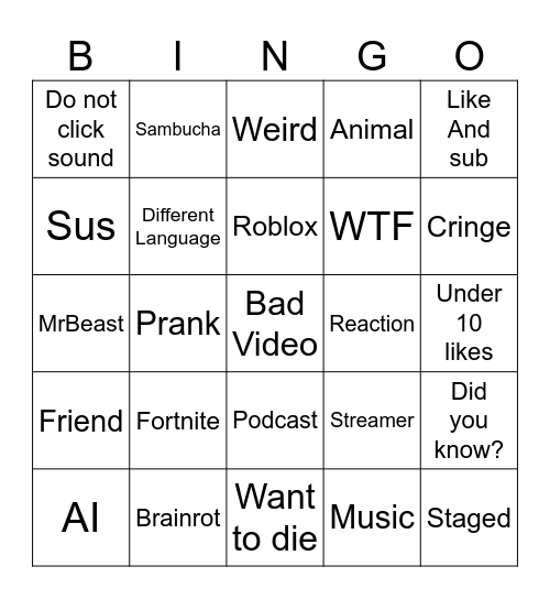 Yt Shorts Bingo Card