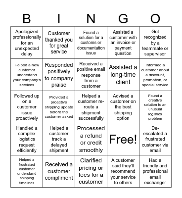 Customer Service Bingo Card