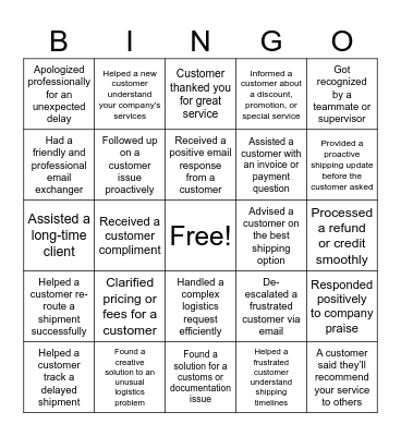 Customer Service Bingo Card